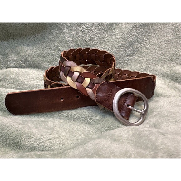 Y2K Fossil Belt Womens Small Daisy Chain Braid Leather Boho Western Brown Silver - Picture 1 of 7
